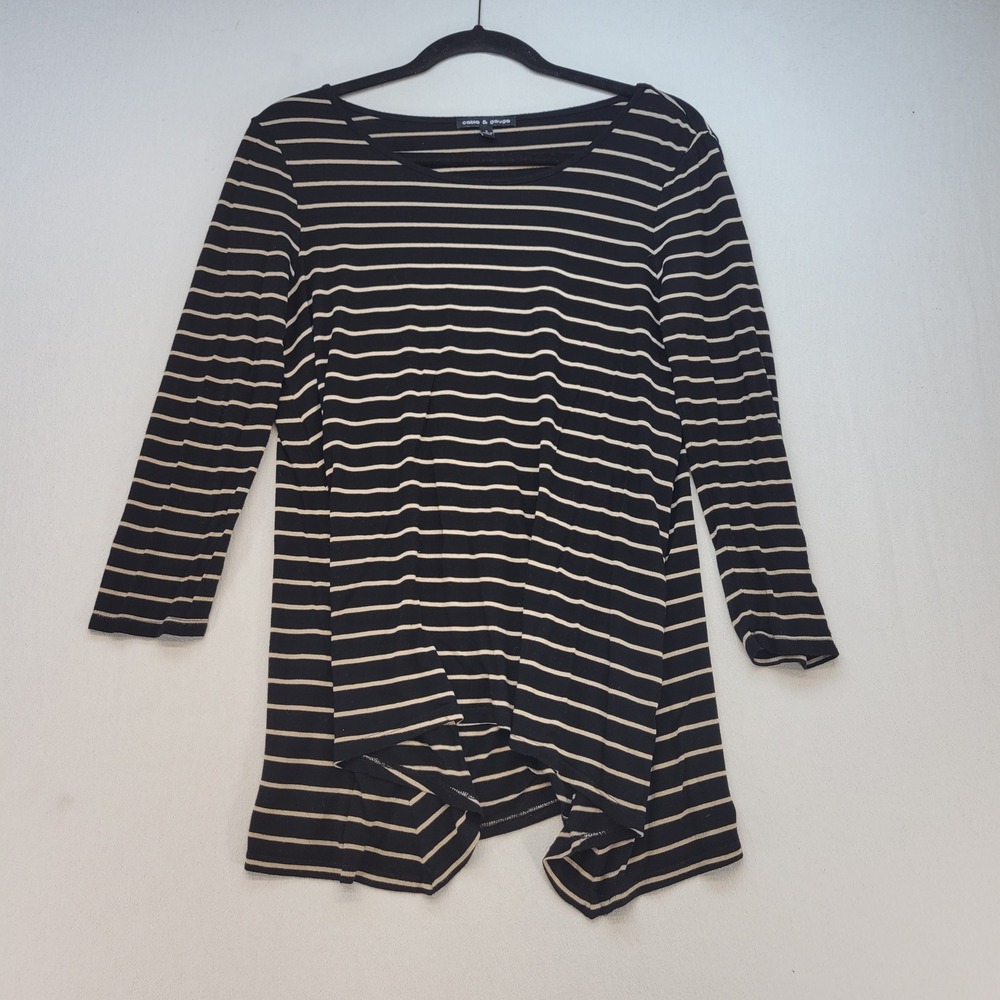 Cable & Gauge Tunic Top Women Small Black Striped Asymmetrical Hem 3/4 Sleeve